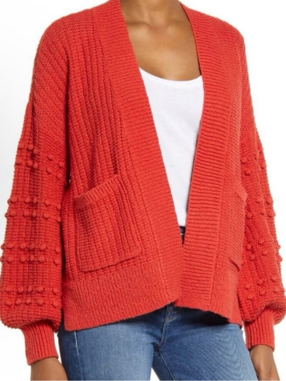 Madewell Bobble Knit Cotton Cardigan Kilt Red Balloon Sleeve Womens XS